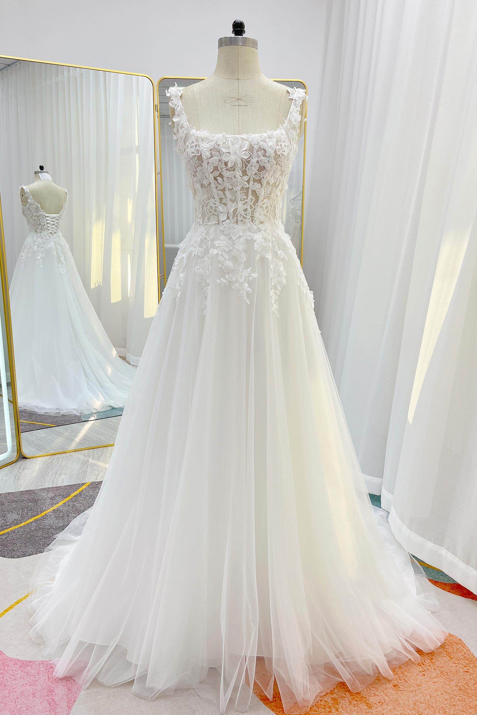 A-Line Court Train Lace Tulle Wedding Dress CW3227 - COCOMELODY